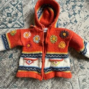 Hand knit native Indian Arts zip sweater floral Aztec jacket 100% wool girls